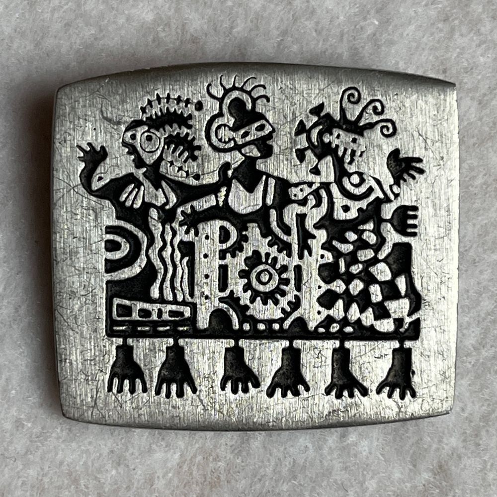 Vtg Signed Alice Seely Petroglyph Brooch Pin "Bad Hair Day" Tribal Whimsy Kitsch